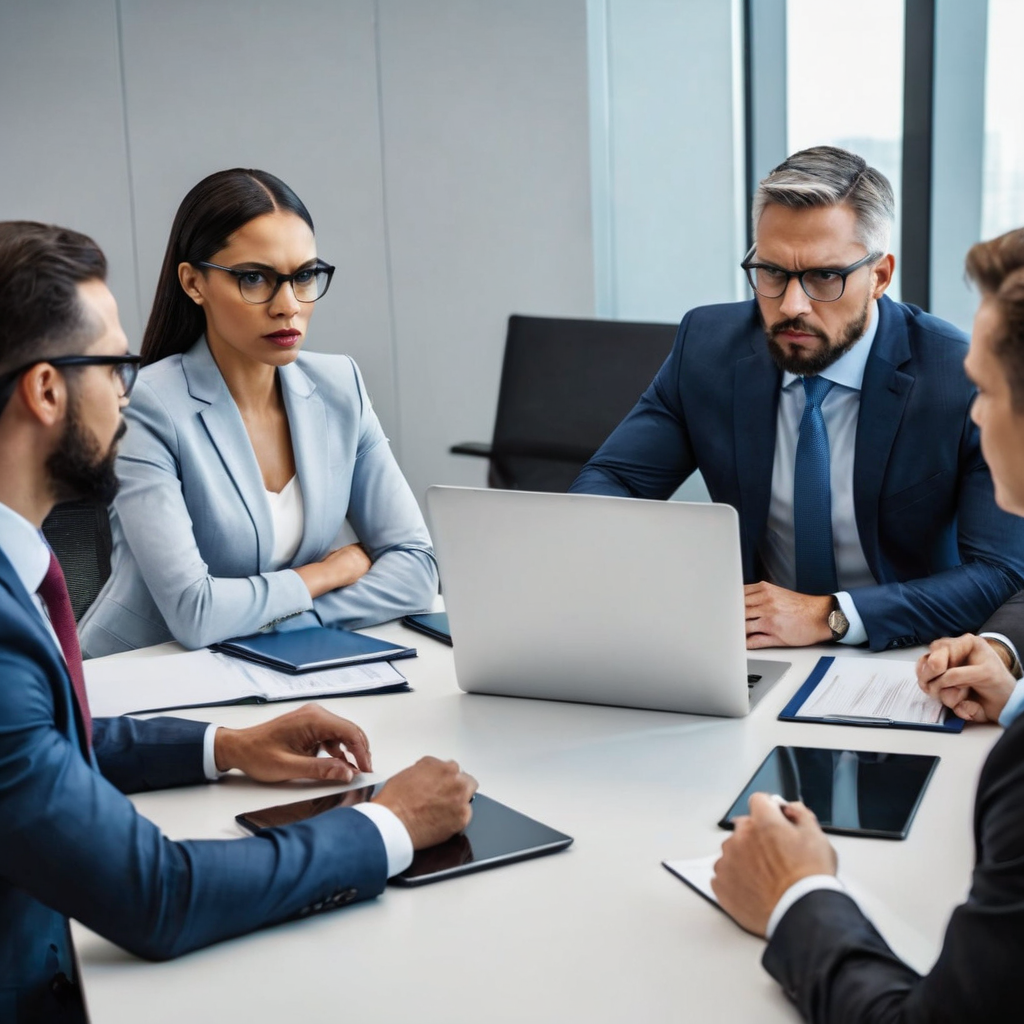 business leaders at a technology company that are sitting around a table who are very angry and showing strong signs of skepticism with a cybersecurity presentation